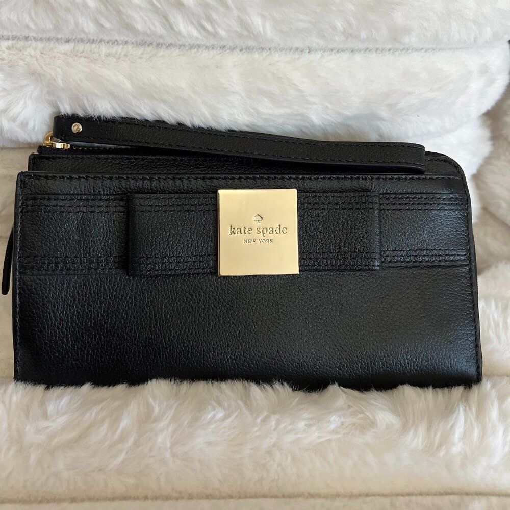Kate Spade Primorose Hill Layton Black Leather Wristlet Wallet With Bow